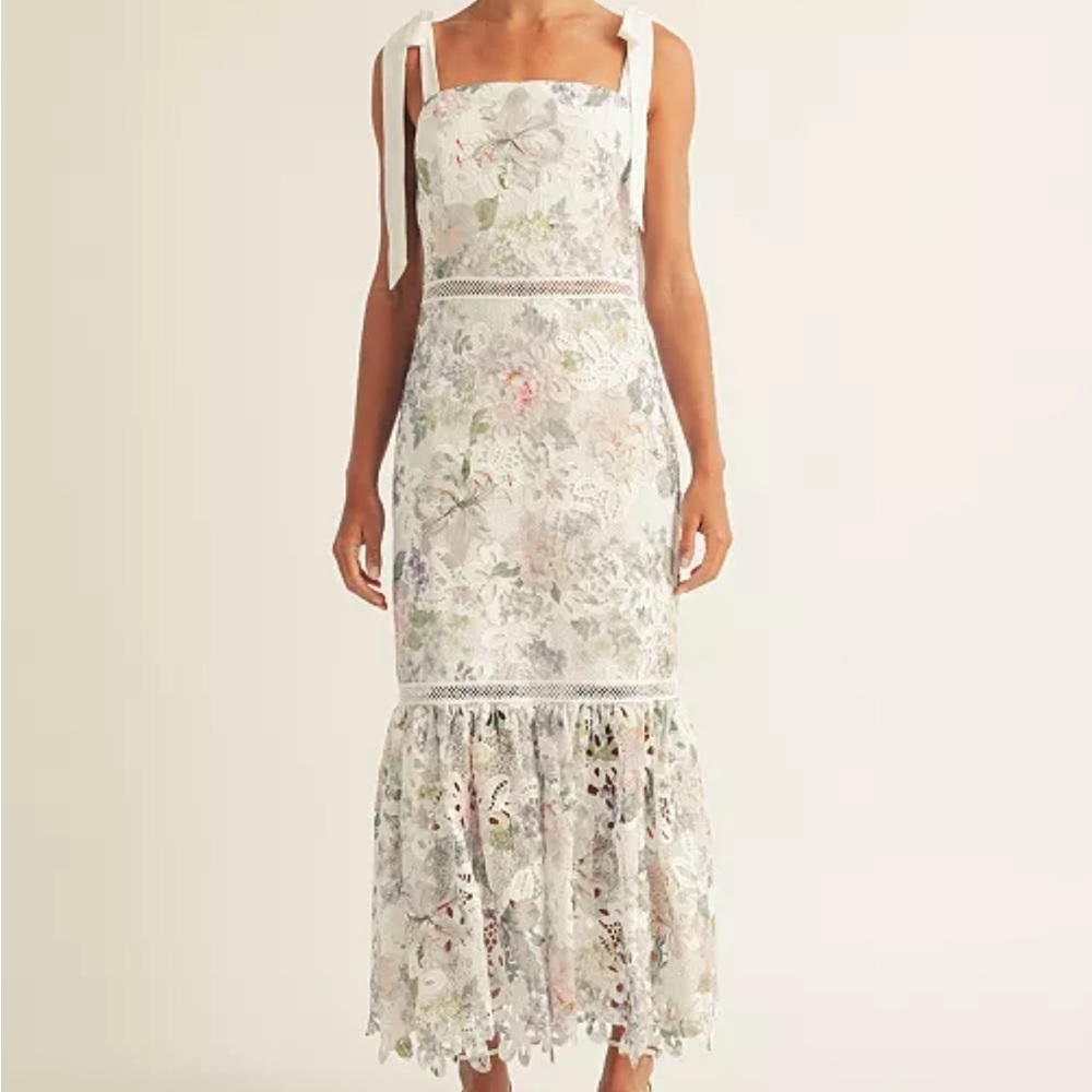 Floral Lace Midi Dress with Tie Shoulder Straps